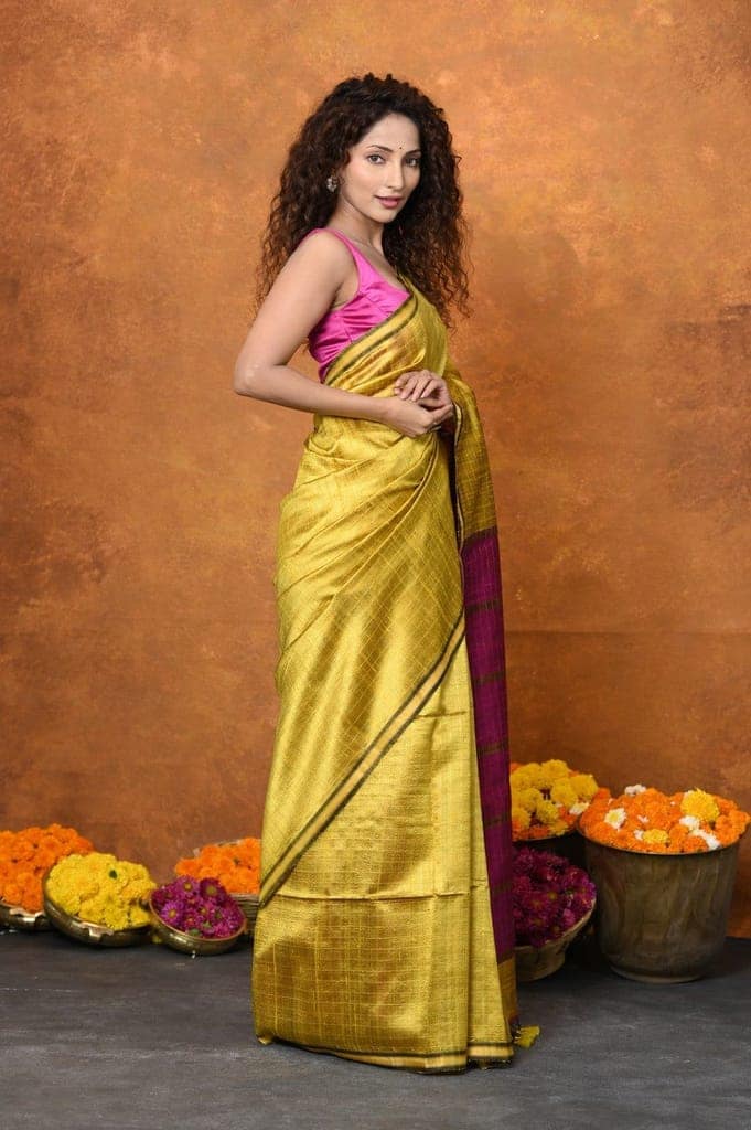 Designed By VMI~ Handloom Pure Tussar Silk Saree With Sleek Border~ Yellow view 2