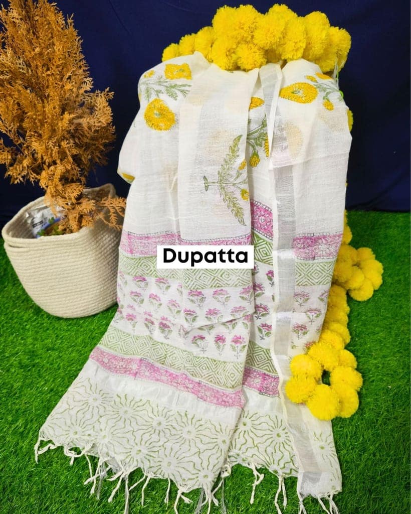 Linen Suit Set White Color with Cotton Bottom, Linen Top and Dupatta Handblock Printed-3423 view 3