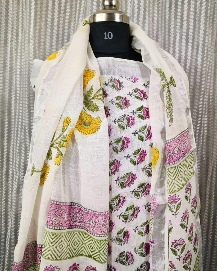 Linen Suit Set White Color with Cotton Bottom, Linen Top and Dupatta Handblock Printed-3423 view 5