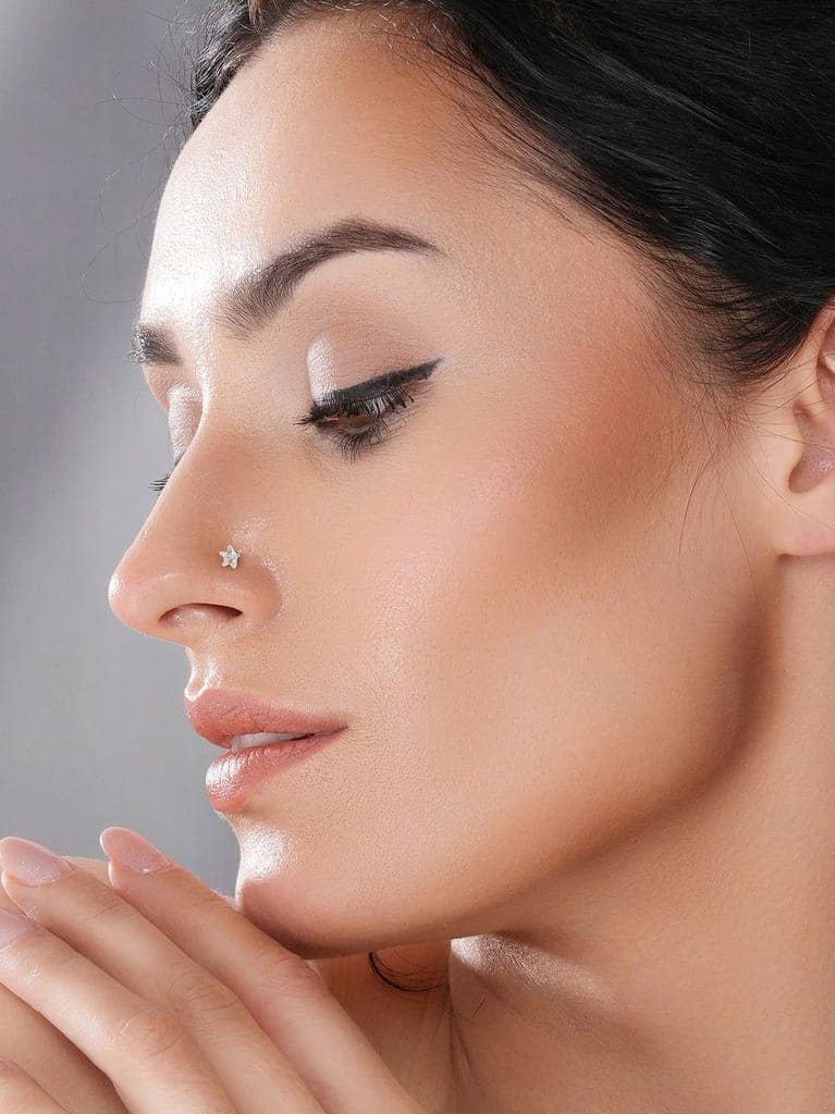 925 Sterling Silver Star Shaped AD Embellished Solitaire Studds Nose Ring view 2
