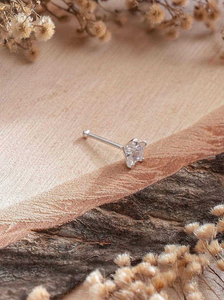 925 Sterling Silver Star Shaped AD Embellished Solitaire Studds Nose Ring view 4