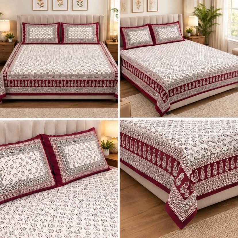 King Size Soft Cotton Bedsheet with 2 Pillow Covers,180TC, 90*100 Inches | Maroon & White Floral Printed Double Bed Sheet | Elegant Cotton Bedding Set view 3
