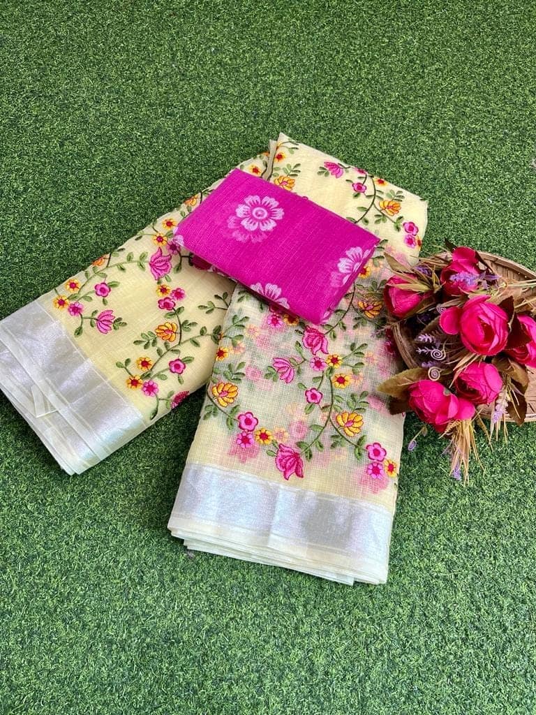 Kota Doria Saree Light Cream Yellow Color Floral Embroidered with Blouse Piece-7168 view 2