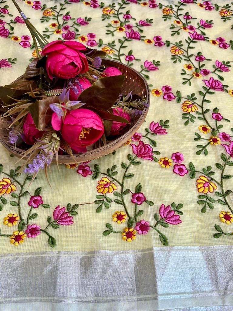 Kota Doria Saree Light Cream Yellow Color Floral Embroidered with Blouse Piece-7168 view 3