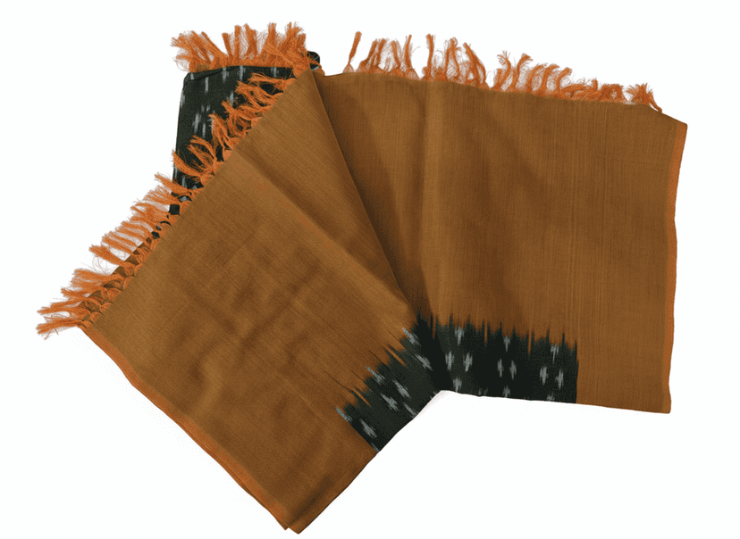Ikat Patterned Green and Gold Stole with Fringes view 3
