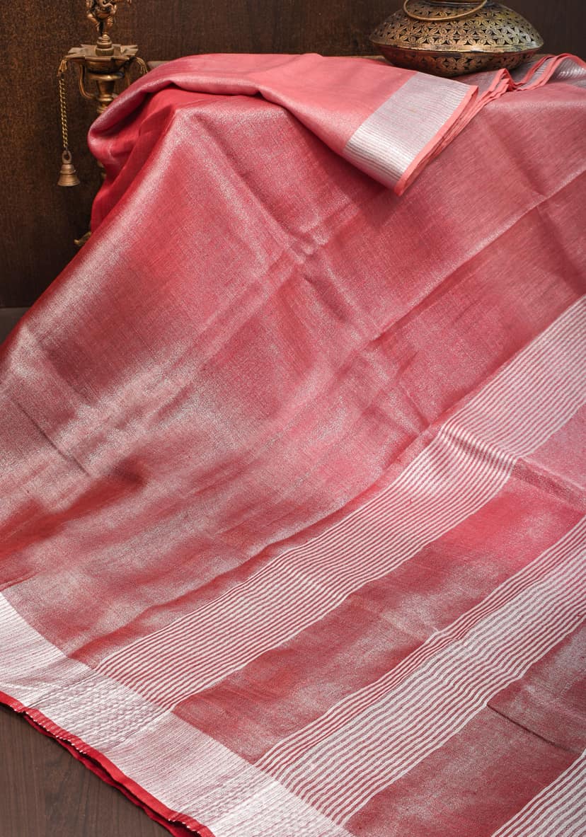 Pomegranate Ombre Tissue Linen Saree with Silver Ribbed Borders view 2