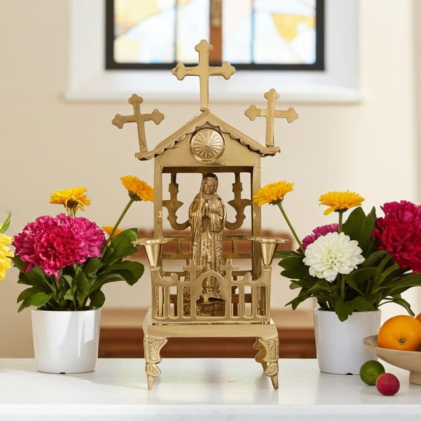 Brass Jesus Christ Church With Candle Stand ? Handcrafted Altar Accessory For Home & Church, Height : 15.5 Inch (ZMAS576 F)