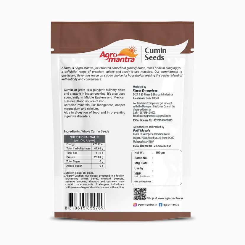 Agro Mantra Cumin Seeds 100g | Rich & Aromatic Flavor | Sourced from Gujarat | Perfect for Curries, Rice Pilafs, Dals & Spice Blends | Fresh & Preservative-Free (pack of 2) view 3