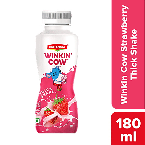 Britannia Winkin Cow Strawbericious Thick Milk Shake - Sweet Fruity Flavour, Rich In Calcium, 180 ml Pet Bottle