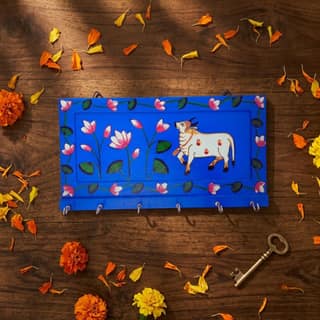 Hand Painted Single Cow Pichwai Art Wooden Blue Color Key Holder