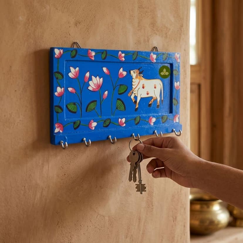 Hand Painted Single Cow Pichwai Art Wooden Blue Color Key Holder view 2