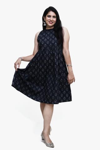 Women's pure cotton printed black fusion kurta/Dress