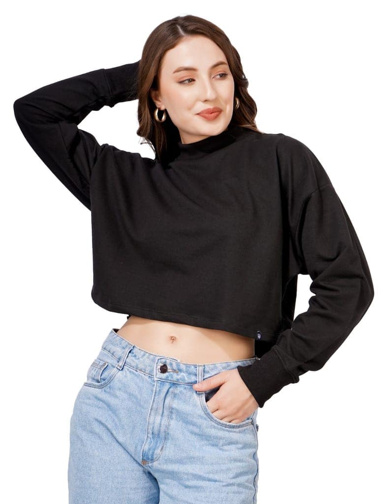Women Full Sleeve Solid Sweatshirt (Black) view 2