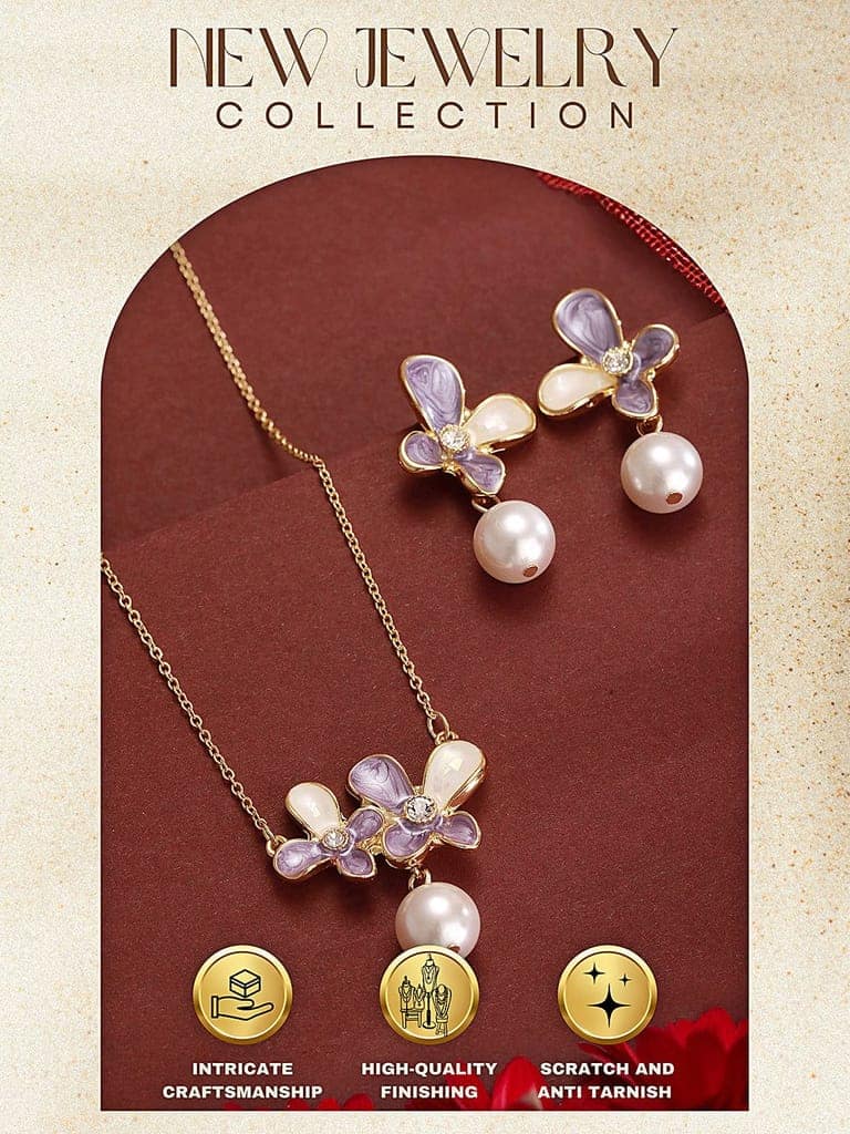 Floral Butterfly Pearl Pendant Necklace & Earrings Set view 5