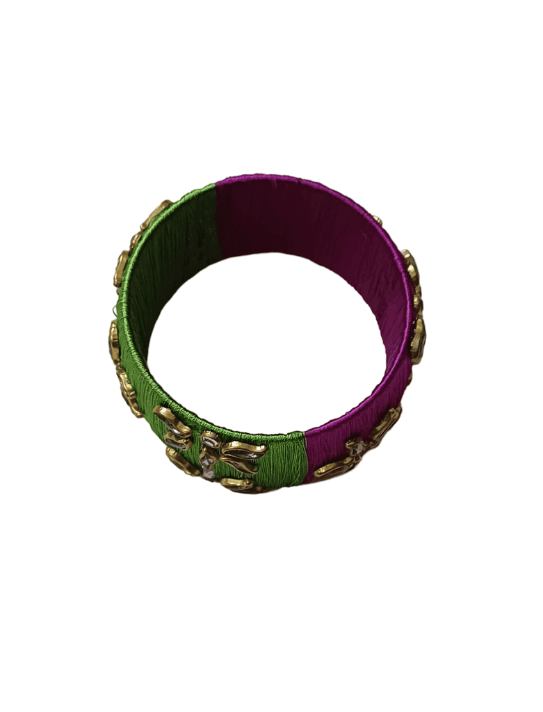 Green and Pink Silk Thread Bangle with Kundan Stones view 3