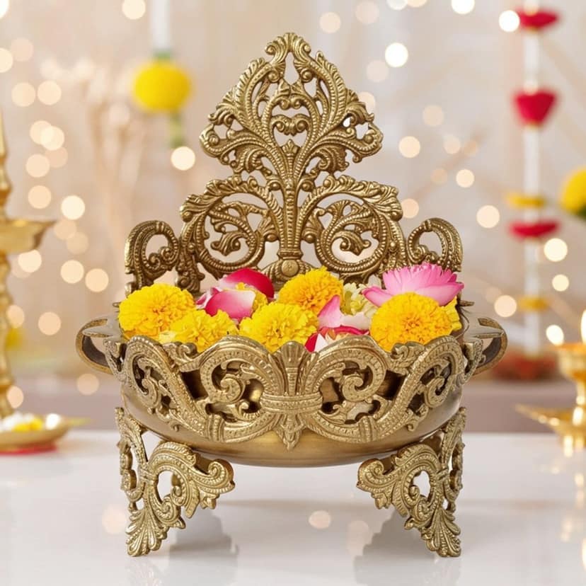 Brass Decorative Flower Urli - Handcrafted Urli Bowl, Diameter : 9 Inch (BSMAS1148 A)