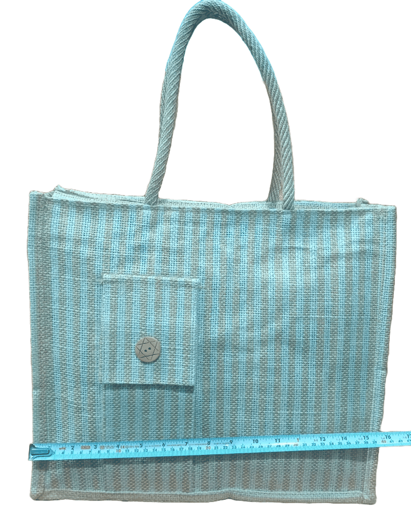 Striped Jute Tote Bag with Button Closure view 3