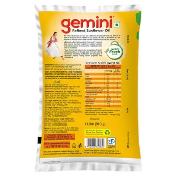 Gemini Refined sunflower oil 1 Ltr view 3