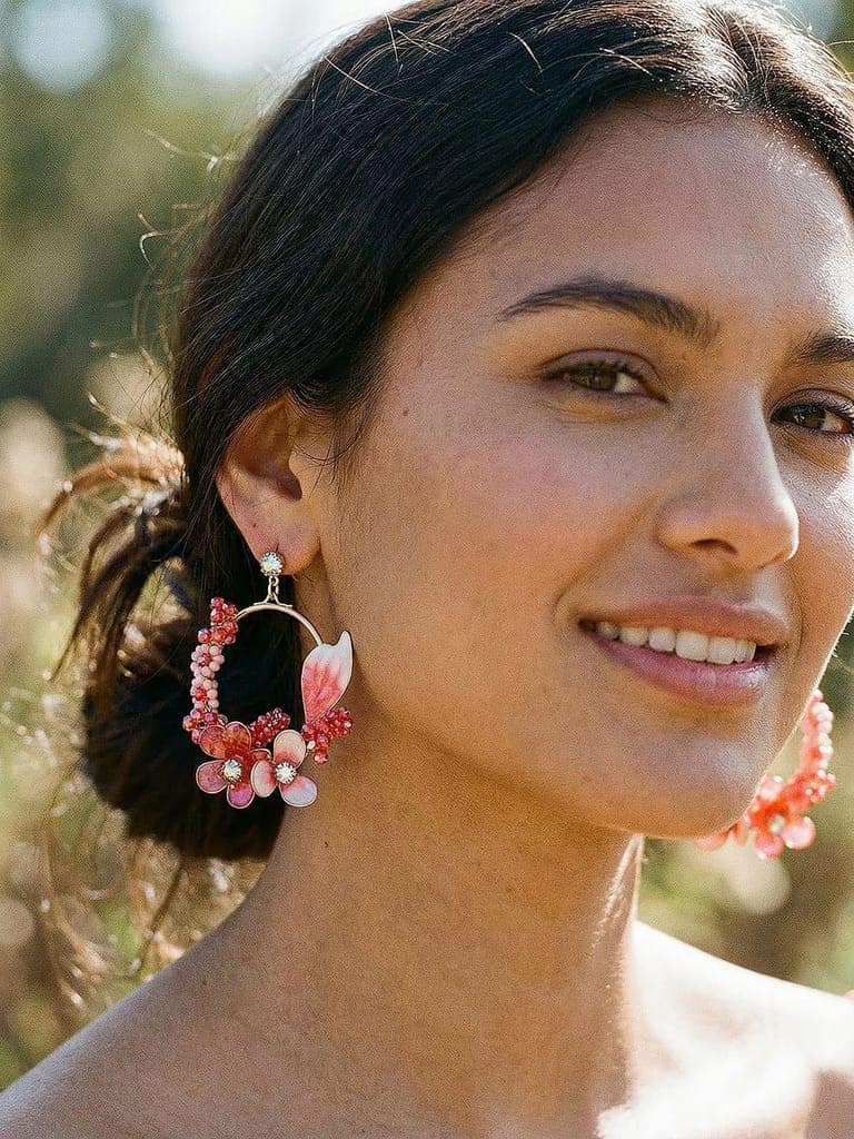 Red Enamelled & Beaded Statement Floral Earrings view 2