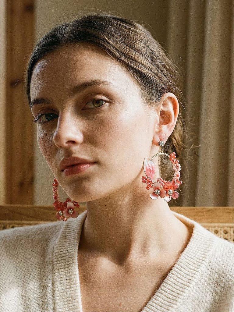 Red Enamelled & Beaded Statement Floral Earrings view 3