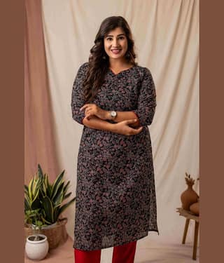 AMTHI Women Cotton Self Design A-line Kurti ( Black )