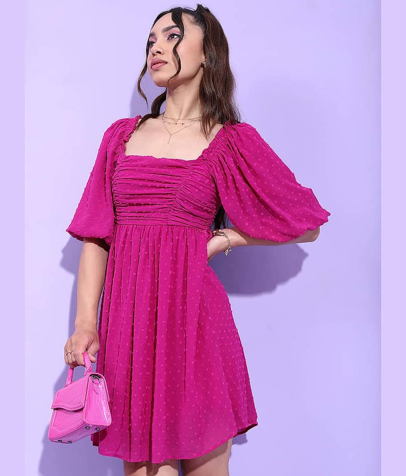 Tokyo Talkies Women Polyester Self Design Fit & Flare Dress ( Pink ) view 4
