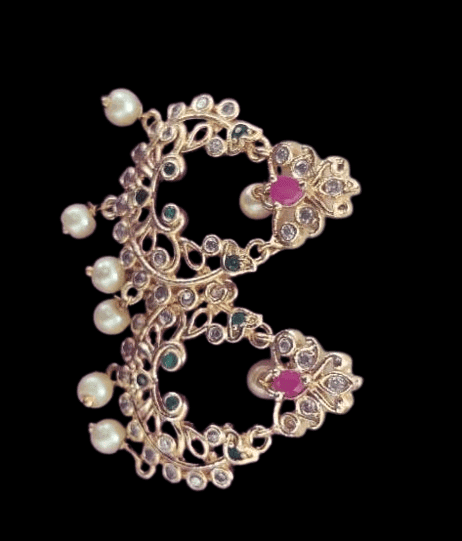 14k Gold Plated Chandbali Earrings with Ruby and Emerald Stones and Pearls view 3