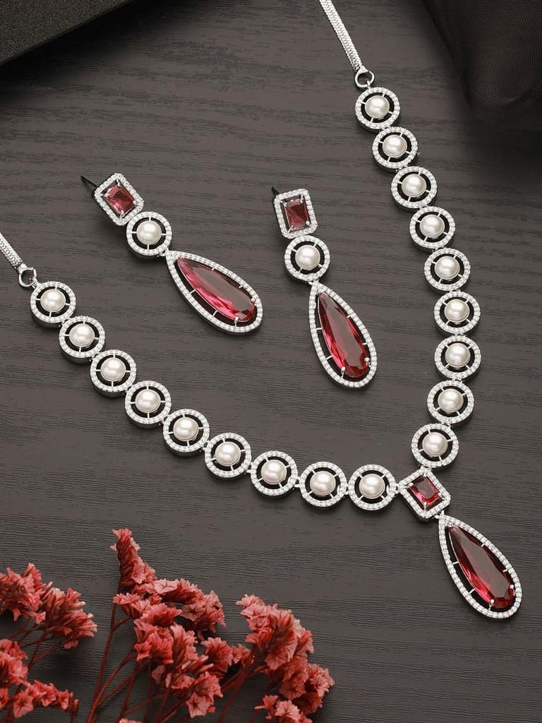 Silver Rhodium Red Zircon Pearl Beaded Designer Necklace Jewellery Set view 2
