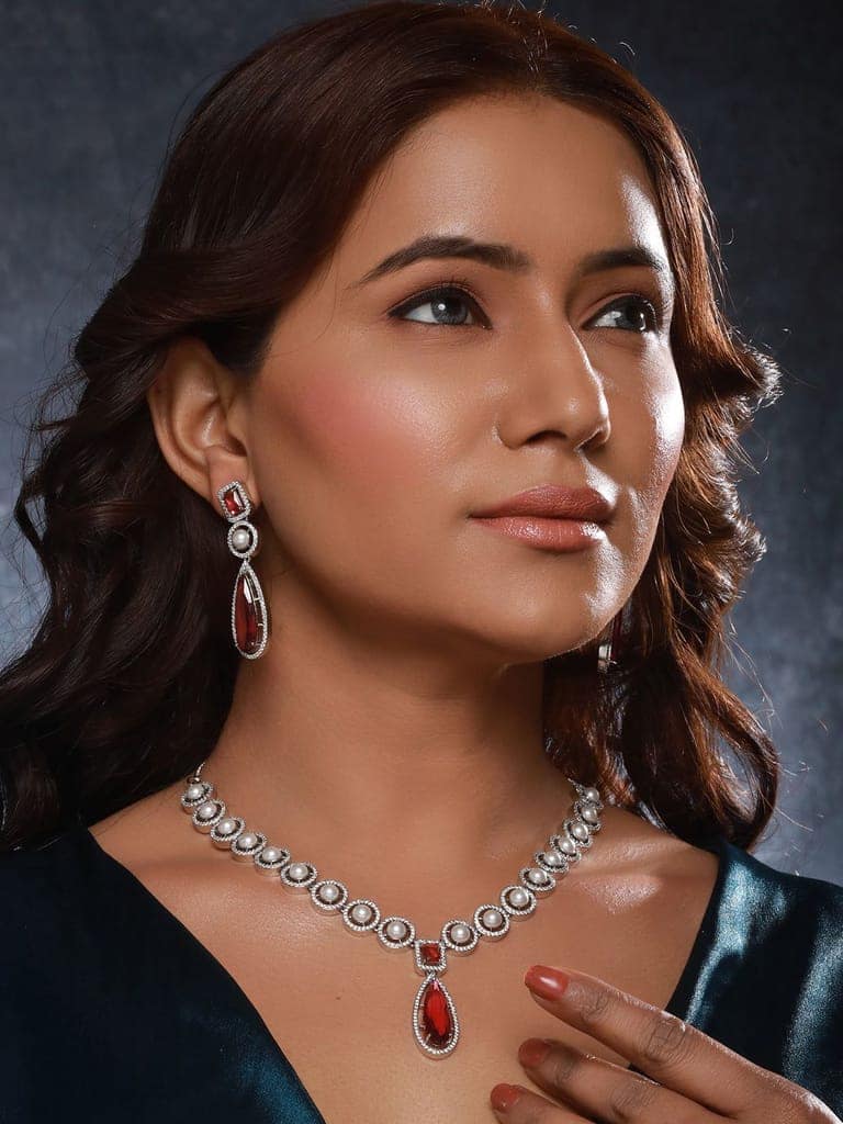 Silver Rhodium Red Zircon Pearl Beaded Designer Necklace Jewellery Set view 3