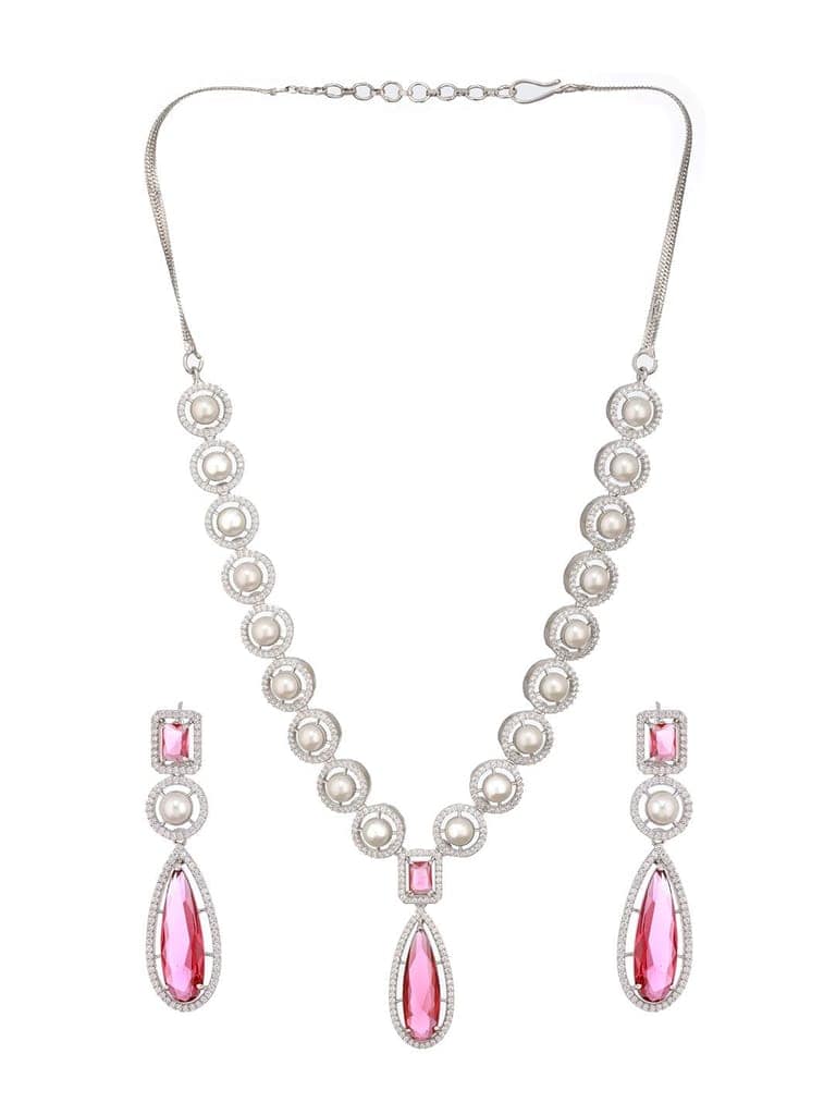 Silver Rhodium Red Zircon Pearl Beaded Designer Necklace Jewellery Set view 4