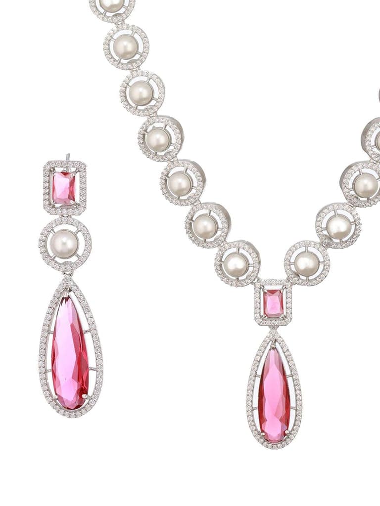 Silver Rhodium Red Zircon Pearl Beaded Designer Necklace Jewellery Set view 5