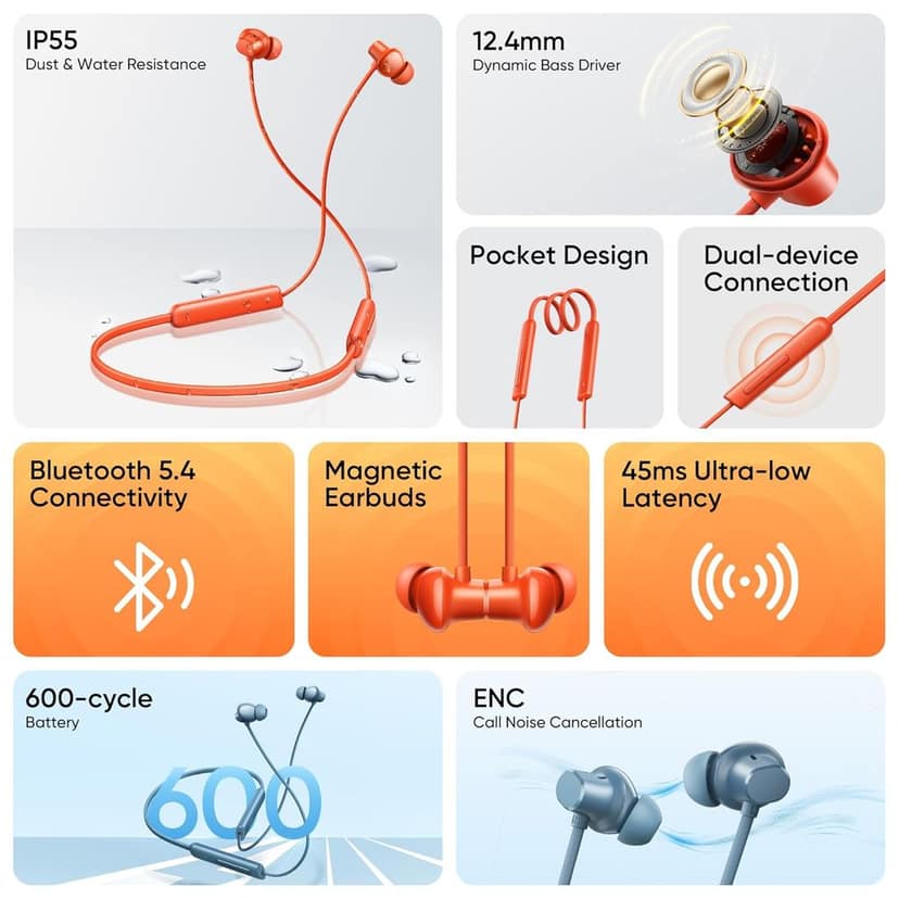 realme Buds Wireless 5 Lite in Ear Bluetooth Neckband with 12.4 mm Dynamic Bass Boost Driver,Upto 35 Hours Playback,45ms Low Latency,IP55 Dust & Water Resistant, Bluetooth V5.4 (Void Black) view 3