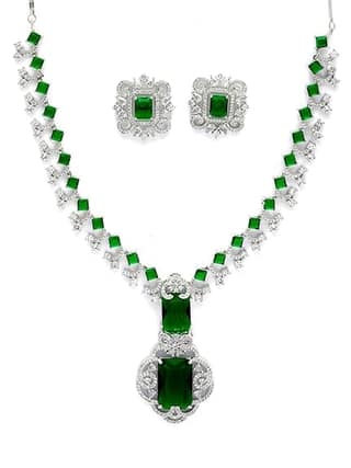 Karatcart Elegant Silver Plated Blue American Diamond Necklace Set for Women