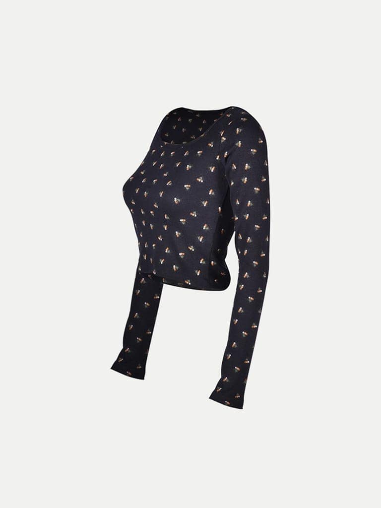 Women Navy All Over Printed cropped Full Sleeve T shirts view 2