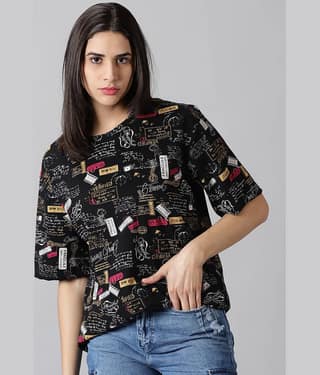 RodZen Women Cotton Printed Oversized Fit Round Neck T-Shirt ( Black )