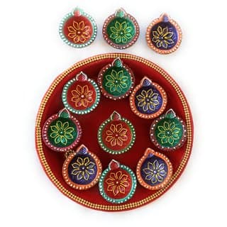 Terracotta Hand Made Diya With Thali (Pack of 13) Table Diya Set (Height 4 inch)