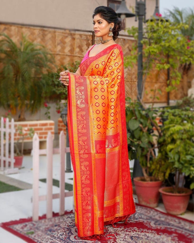 Banarasi Silk Saree Bright Orange Color with Coral Red Pallu and blouse-6261 view 2