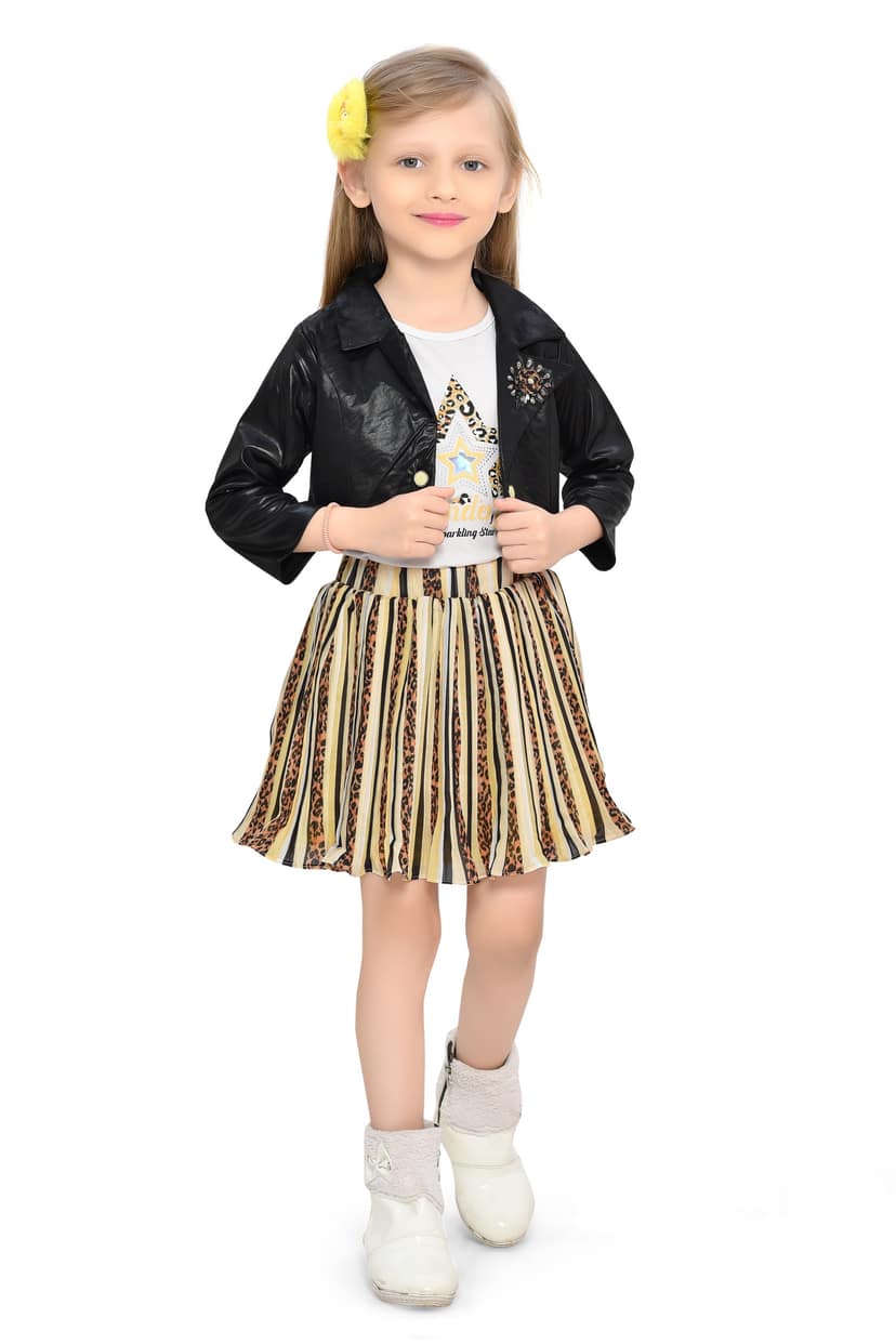 Be:kids Trendy Starlet Girls' Outfit: Faux Leather Jacket and Pleated Yellow Skirt Set with Graphic Tee