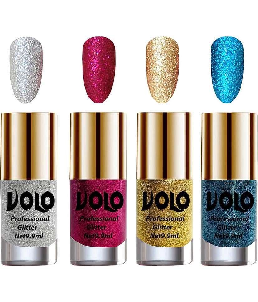 VOLO Professionally Used Glitter Shine Nail Polish Silver,Magenta,Gold Blue Pack of 4 39 mL