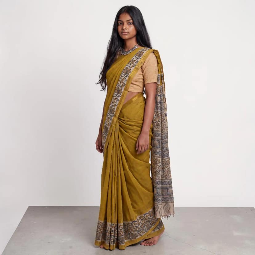 Pedana Kalamkari Block Print Saree Mustard Yellow view 2