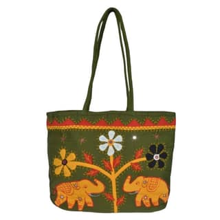 Tribes India Handcrafted Flowers Design Banjara Embroidered Women's Handbag Green Color
