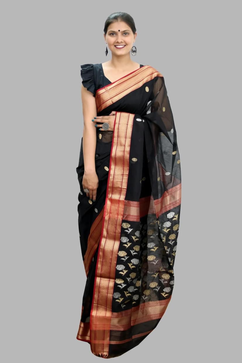 Sensuous Heritage Coin Motif Handwoven Saree With Tassels – Black