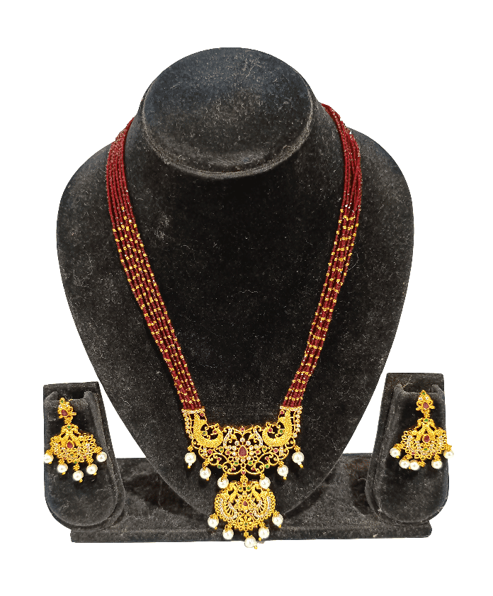 Traditional Gold Plated Maroon Beaded Peacock Necklace Set with Earrings