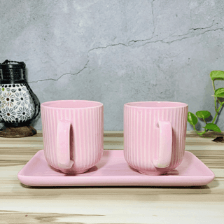 Homefrills Premium Stoneware Handmade Striped Design Ceramic Tea Cups & Milk/Coffee Mugs Along with Tray Microwave Dishwasher Safe - Pack of 3 (2 Cups and 1 Tray) Pink, 300ml