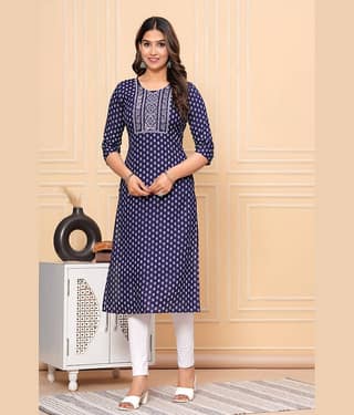 GlowWorld Rayon Embroidered Straight Women's Kurti - Navy ( Pack of 1 )