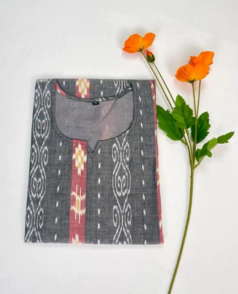 Handwoven Sambalpuri Cotton Kurti in Grey with Bandhakala Ikat view 5