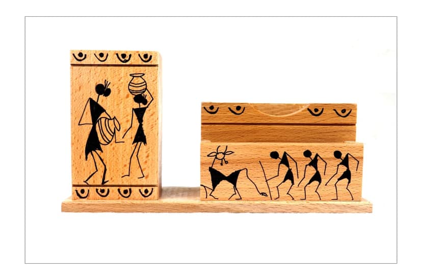 Warli painted wooden mobile stand with pen stand view 2
