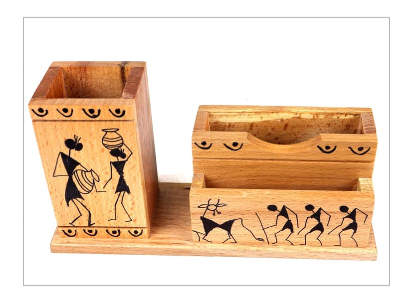 Warli painted wooden mobile stand with pen stand view 3