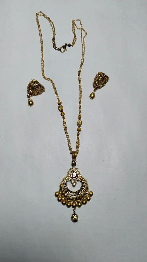 Gold Plated Traditional Chandbali Earrings with Long Necklace Set for Women view 2
