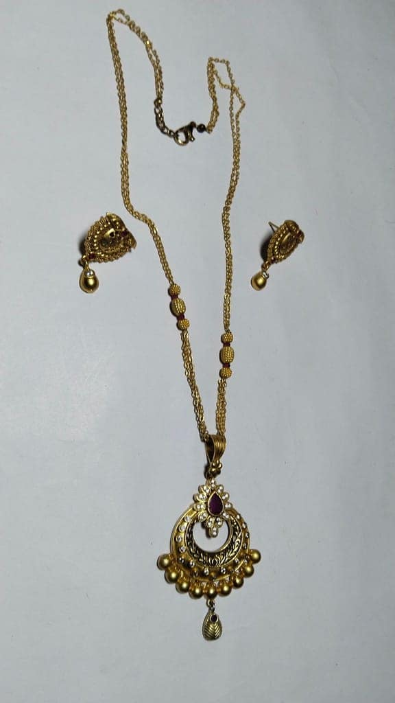 Gold Plated Traditional Chandbali Earrings with Long Necklace Set for Women view 3